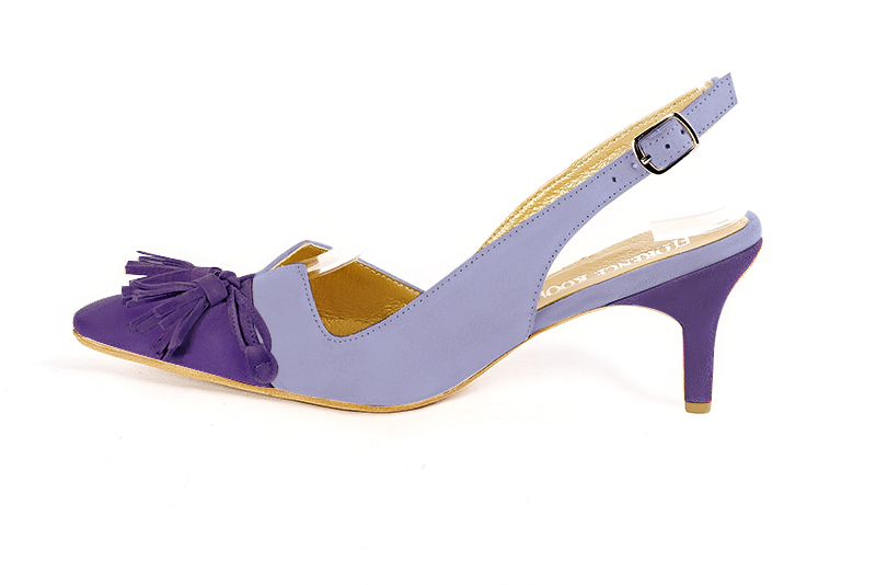 Violet purple open back shoes, with a knot. Tapered toe Violet purple open back shoes, with a knot. Tapered toe